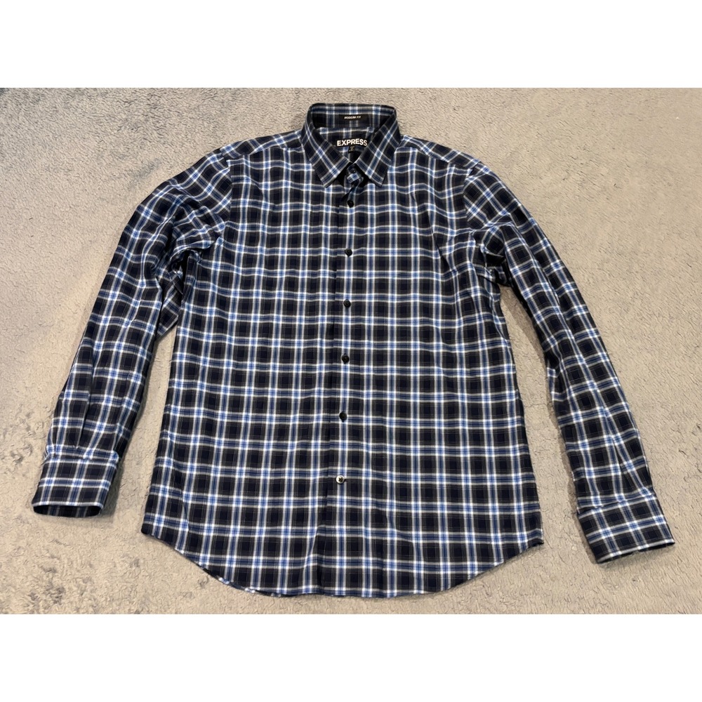 Express Modern Fit Plaid Button Down Shirt Mens Medium Blue White 100% Cotton